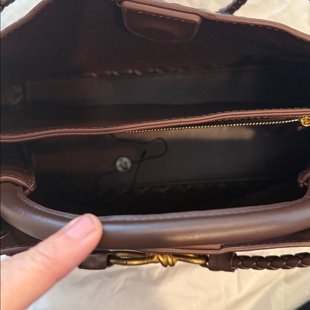 Brown Woven Leather Tote with Gold Accent - Picture 6 of 7